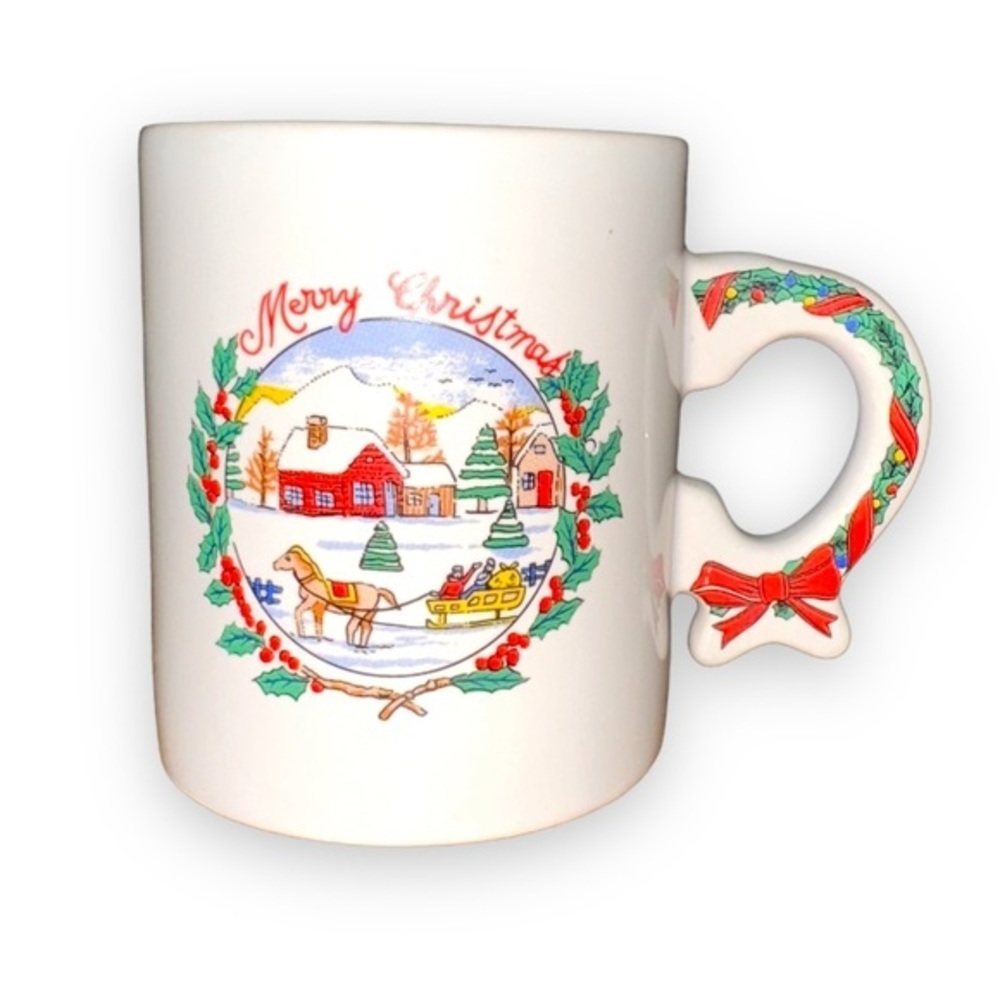 The Love Mug Collectible Coffee Cup Merry Christmas Sleigh Reindeer Holly Wreath